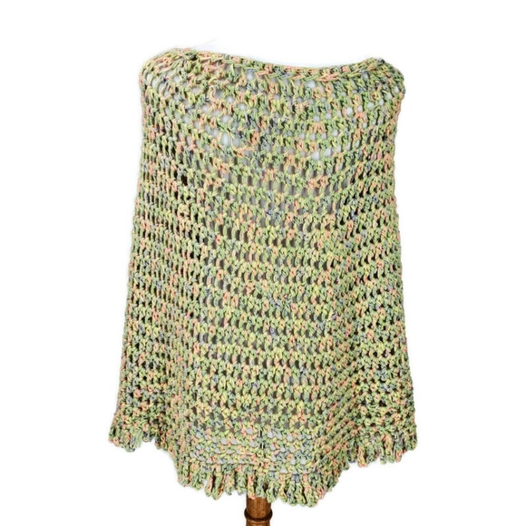 Vintage Hand Knit Open Knit Crochet Granny Poncho Cape Shawl Chunky Boho - Picture 4 of 6